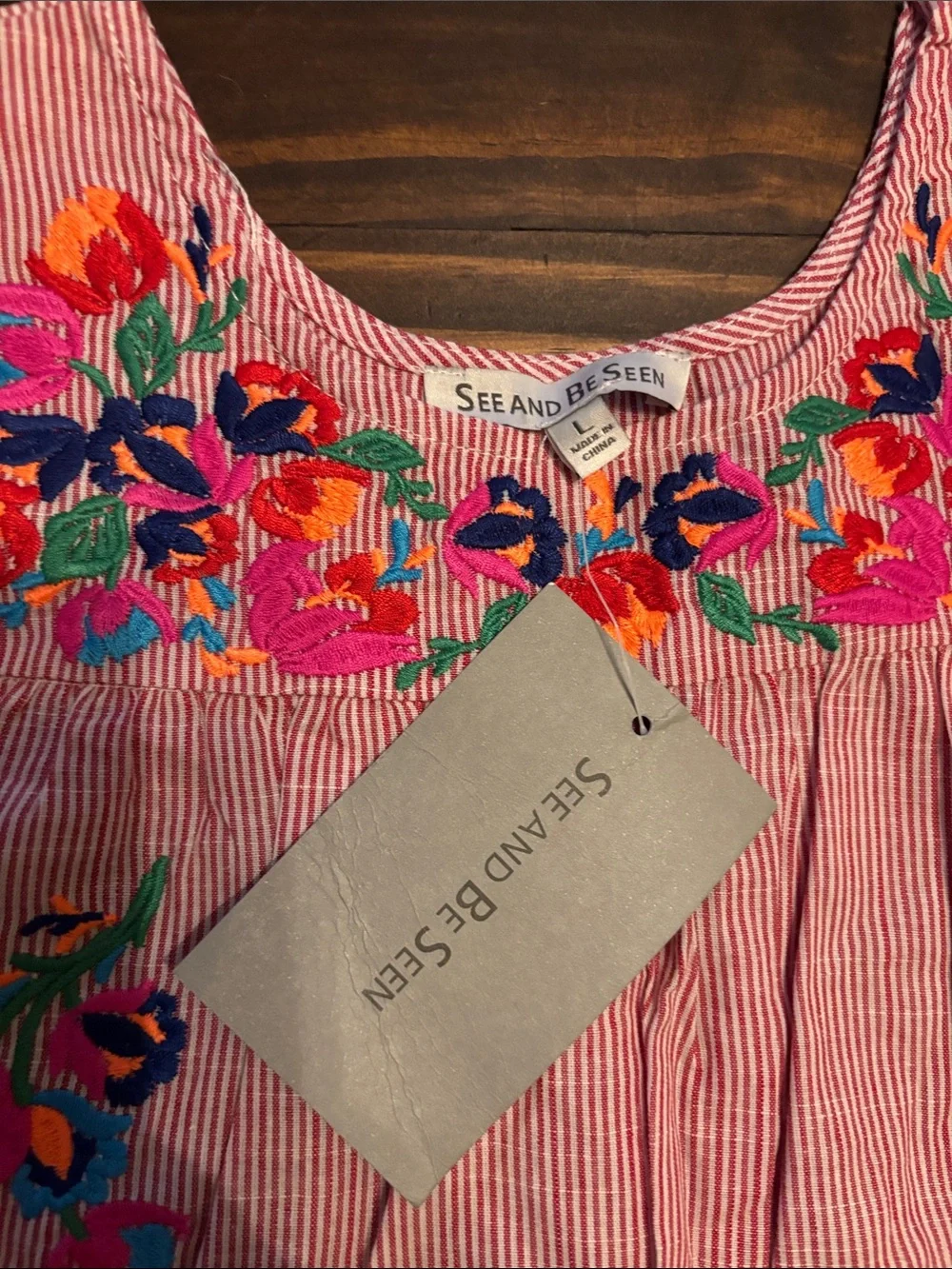 SEE AND BE SEEN girl's stripe  embroidered top large new
